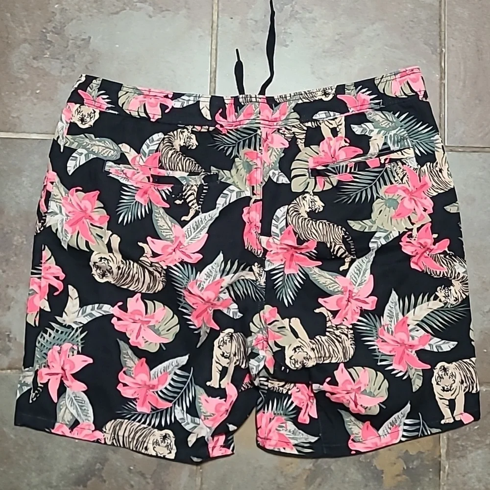 Floral Tiger Print Shorts Mens XL 40-42 Swim Trunks Drawstring‎